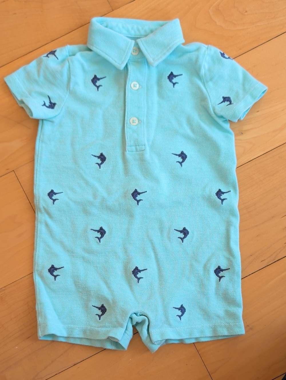 Ralph Lauren Aqua Polo One-Piece Romper with Navy Marlin Embroidery